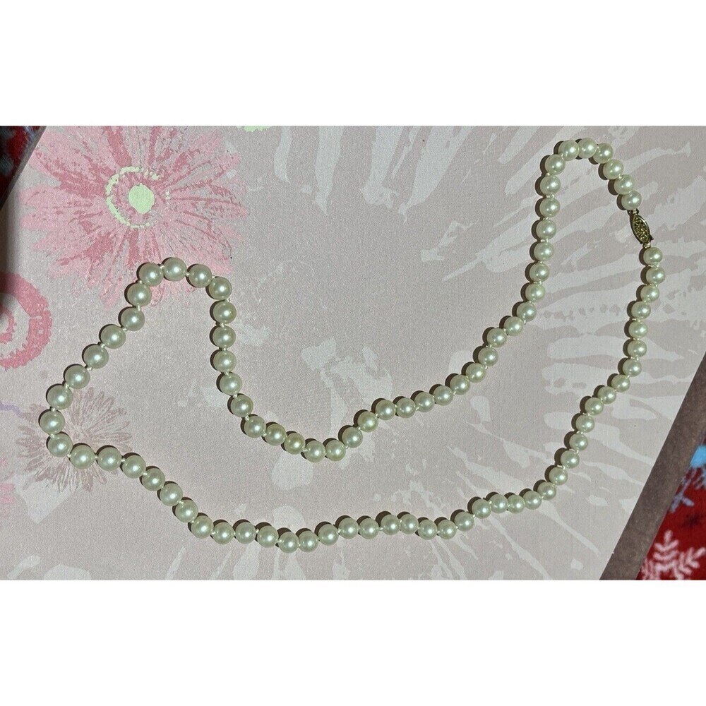 White Faux Pearl Round Glass Beaded Knotted Necklace Single Strand Costume 24in